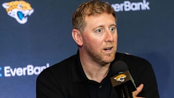 Jacksonville Jaguars Head Coach Liam Coen answers questions during a press conference with the team’s first-round pick, Colorado Buffaloes wide receiver and defensive back Travis Hunter, Friday, March 25, 2025 at Miller Electric Center in Jacksonville, Fla. 