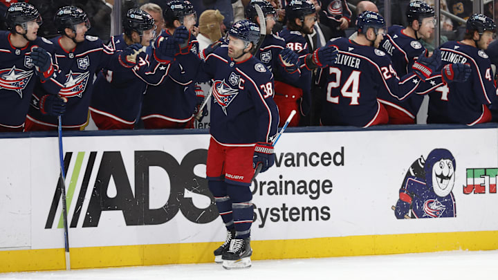Mar 29, 2026; Columbus, Ohio, USA; Columbus Blue Jackets center Boone Jenner (38) celebrates his goal against the Boston Bruins during the first period at Nationwide Arena. Mandatory Credit: Russell LaBounty-Imagn Images