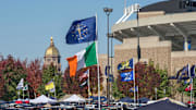 A general view of the golden dome and the stadium at the University of Notre Dame.