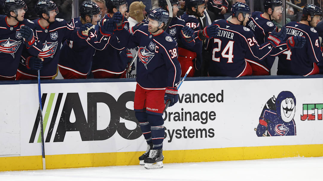 Mar 29, 2026; Columbus, Ohio, USA; Columbus Blue Jackets center Boone Jenner (38) celebrates his goal against the Boston Bruins during the first period at Nationwide Arena. Mandatory Credit: Russell LaBounty-Imagn Images Mar 29, 2026; Columbus, Ohio, USA; Columbus Blue Jackets center Boone Jenner (38) celebrates his goal against the Boston Bruins during the first period at Nationwide Arena. Mandatory Credit: Russell LaBounty-Imagn Images