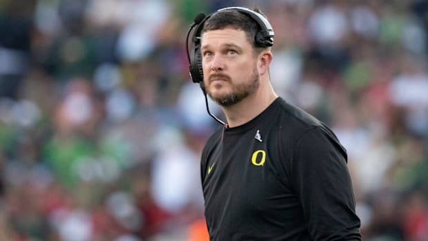 Oregon head coach Dan Lanning looks to the clock towards the end of the first half as the Oregon Ducks face the Ohio State.