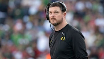 Oregon head coach Dan Lanning looks to the clock towards the end of the first half as the Oregon Ducks face the Ohio State Buckeyes Wednesday, Jan. 1, 2025, in the quarterfinal of the College Football Playoff at the Rose Bowl in Pasadena, Calif.