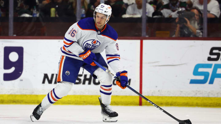 Apr 17, 2024; Tempe, Arizona, USA;  Edmonton Oilers defenseman Philip Broberg (86) against the Arizona Coyotes at Mullett Arena. Mandatory Credit: Mark J. Rebilas-USA TODAY Sports