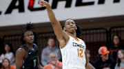 Oklahoma State's Javon Small (12) watches his basket fall in front of Chicago State's Wesley Cardet Jr. (1) of the college basketball game between the Oklahoma State Cowboys and the Chicago State Cougars at Gallagher-Iba Arena in Stillwater, Okla., Wednesday, Jan. 3, 2024.