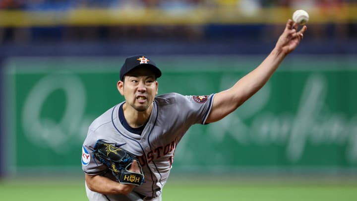 Aug 13, 2024; St. Petersburg, Florida, USA; Houston Astros pitcher Yusei Kikuchi (16) throws a pitch against the Tampa Bay Rays in the third inning at Tropicana Field. 