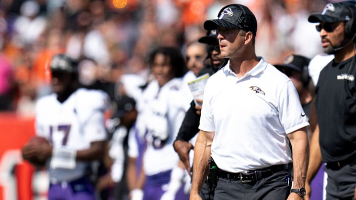 Baltimore Ravens head coach John Harbaugh looks on in the second quarter of the NFL game at Paycor Stadium in Cincinnati on Sunday, Oct. 6, 2024. Baltimore Ravens head coach John Harbaugh looks on in the second quarter of the NFL game at Paycor Stadium in Cincinnati on Sunday, Oct. 6, 2024.
