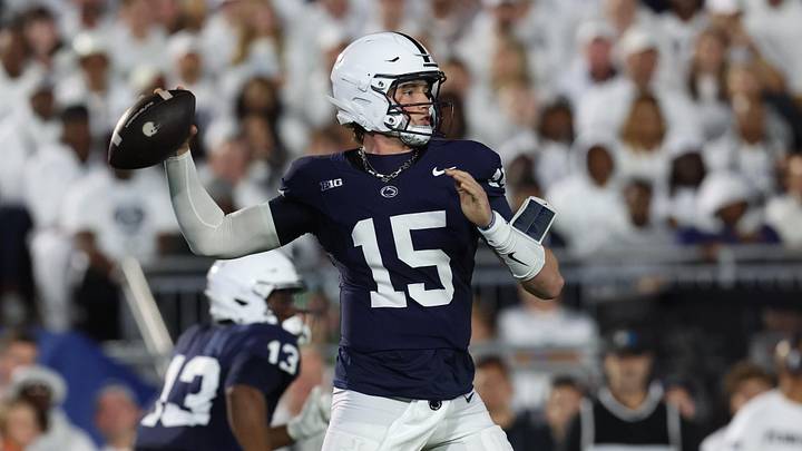 Sep 27, 2025; University Park, Pennsylvania, USA; Penn State Nittany Lions quarterback Drew Allar (15) throws during the first quarter against the Oregon Ducks at Beaver Stadium. Mandatory Credit: Matthew O'Haren-Imagn Images