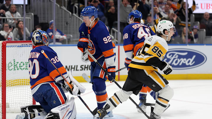 Mar 30, 2026; Elmont, New York, USA; Pittsburgh Penguins right wing Avery Hayes (85) celebrates his goal against New York Islanders goaltender Ilya Sorokin (30) during the third period at UBS Arena. Mandatory Credit: Brad Penner-Imagn Images
