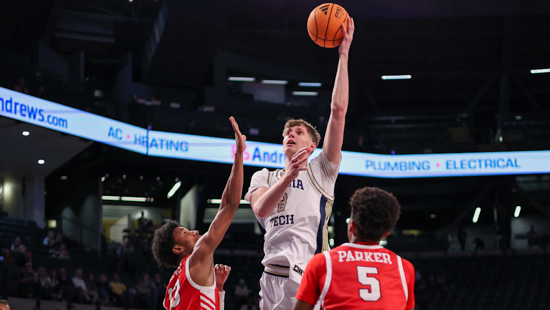 Dec 16, 2025; Atlanta, Georgia, USA; Georgia Tech Yellow Jackets center Cole Kirouac (8) shoots against the Marist Red Foxes in the second half at McCamish Pavilion. Mandatory Credit: Brett Davis-Imagn Images