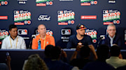 Houston Astros special assistant to the general manager Oz Ocampo, spanish broadcaster Alex Trevino, pitcher Roberto Osuna and general manager Jeff Luhnow (from left) address the media before the game against the Los Angeles Angels at Estadio de Beisbol Monterrey on May 4, 2019.