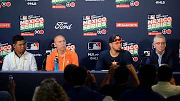 Houston Astros special assistant to the general manager Oz Ocampo, spanish broadcaster Alex Trevino, pitcher Roberto Osuna and general manager Jeff Luhnow (from left) address the media before the game against the Los Angeles Angels at Estadio de Beisbol Monterrey on May 4, 2019.