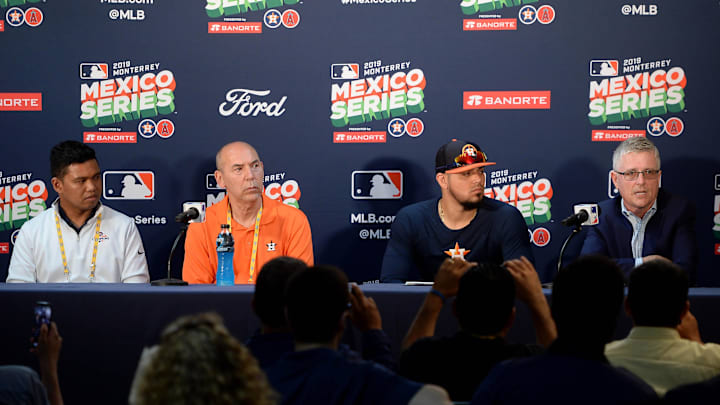 Houston Astros special assistant to the general manager Oz Ocampo, spanish broadcaster Alex Trevino, pitcher Roberto Osuna and general manager Jeff Luhnow (from left) address the media before the game against the Los Angeles Angels at Estadio de Beisbol Monterrey on May 4, 2019. Houston Astros special assistant to the general manager Oz Ocampo, spanish broadcaster Alex Trevino, pitcher Roberto Osuna and general manager Jeff Luhnow (from left) address the media before the game against the Los Angeles Angels at Estadio de Beisbol Monterrey on May 4, 2019.