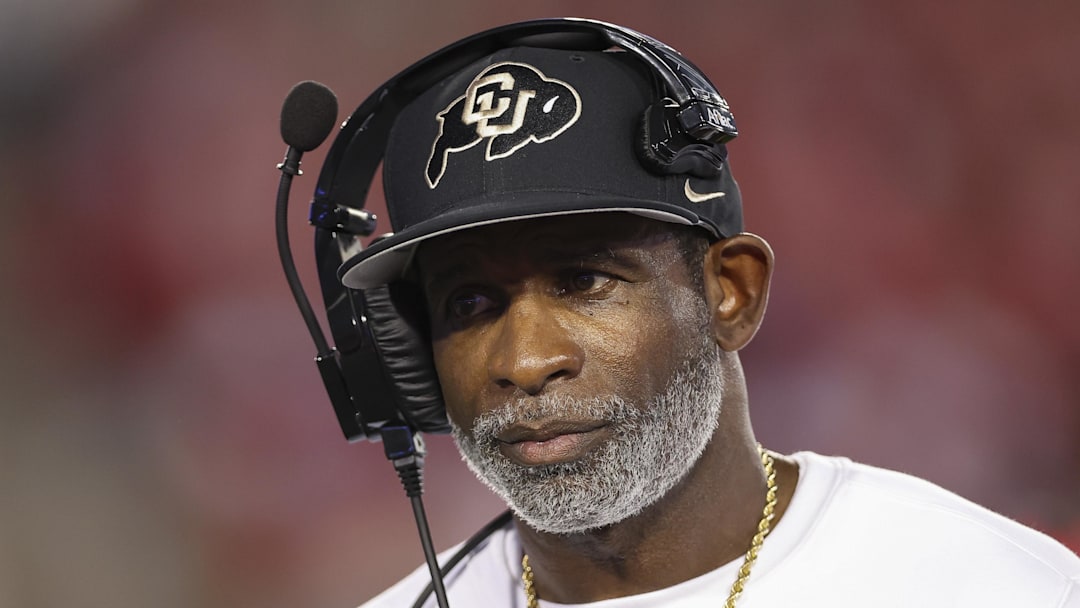 Sep 12, 2025; Houston, Texas, USA; Colorado Buffaloes head coach Deion Sanders looks on from the sideline during the first half against the Houston Cougars at TDECU Stadium. Mandatory Credit: Troy Taormina-Imagn Images