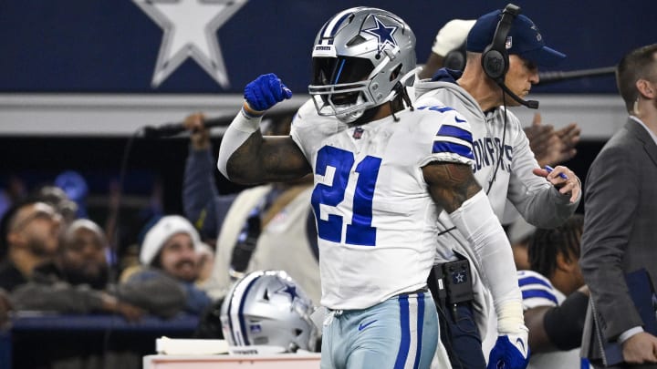 Dec 24, 2022; Arlington, Texas, USA; Dallas Cowboys running back Ezekiel Elliott (21) during the game between the Dallas Cowboys and the Philadelphia Eagles at AT&T Stadium. Mandatory Credit: Jerome Miron-USA TODAY Sports