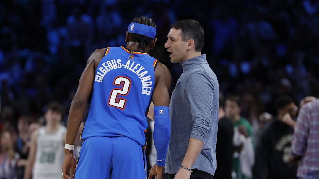 Mar 12, 2026; Oklahoma City, Oklahoma, USA; Oklahoma City Thunder Head Coach Mark Daigneault talks to guard Shai Gilgeous-Alexander (2) between plays against the Boston Celtics during the fourth quarter at Paycom Center. Mandatory Credit: Alonzo Adams-Imagn Images