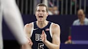 Jimmer Fredette reacts during a game against Serbia at the 2024 Summer Olympics in Paris.