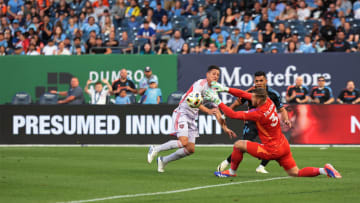 Jun 28, 2024; New York, New York, USA; Orlando City goalkeeper Mason Stajduhar (31) makes a save on New York City FC forward Alonso Martinez (16) in the first half at Yankee Stadium. Mandatory Credit: Vincent Carchietta-USA TODAY Sports