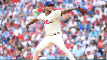 Aug 18, 2024; Philadelphia, Pennsylvania, USA; Philadelphia Phillies pitcher Taijuan Walker (99) throws a pitch during the first inning against the Washington Nationals at Citizens Bank Park.