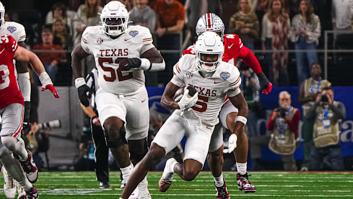 Texas Longhorns receiver Ryan Wingo (5) runs the ball during the College Football Playoff semifinal game against Ohio State in the Cotton Bowl at AT&T Stadium on Friday, Jan. 10, 2024 in Arlington, Texas. Texas Longhorns receiver Ryan Wingo (5) runs the ball during the College Football Playoff semifinal game against Ohio State in the Cotton Bowl at AT&T Stadium on Friday, Jan. 10, 2024 in Arlington, Texas.