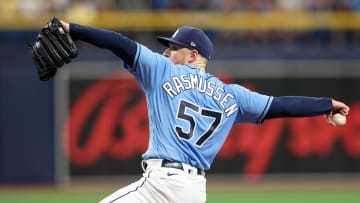 Apr 9, 2023; St. Petersburg, Florida, USA;  Tampa Bay Rays starting pitcher Drew Rasmussen (57) throws a pitch against the Oakland Athletics in the third inning at Tropicana Field.