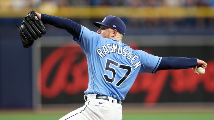 Apr 9, 2023; St. Petersburg, Florida, USA;  Tampa Bay Rays starting pitcher Drew Rasmussen (57) throws a pitch against the Oakland Athletics in the third inning at Tropicana Field.