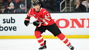 Feb 17, 2025; Boston, MA, USA; [Imagn Images direct customers only]  Team Canada forward Brad Marchand (63) skates during the first period in a 4 Nations Face-Off ice hockey game against Team Finland at TD Garden. Mandatory Credit: Bob DeChiara-Imagn Images