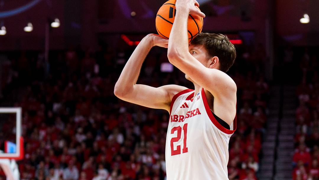 Nebraska forward Pryce Sandfort shoots a three-point shot against Northwestern on Feb 14, 2026. Nebraska forward Pryce Sandfort shoots a three-point shot against Northwestern on Feb 14, 2026.