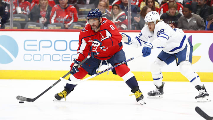 Mar 20, 2024; Washington, District of Columbia, USA; Washington Capitals left wing Alex Ovechkin (8) controls the puck as Toronto Maple Leafs right wing William Nylander (88) defends during the first period at Capital One Arena. Mandatory Credit: Amber Searls-Imagn Images Mar 20, 2024; Washington, District of Columbia, USA; Washington Capitals left wing Alex Ovechkin (8) controls the puck as Toronto Maple Leafs right wing William Nylander (88) defends during the first period at Capital One Arena. Mandatory Credit: Amber Searls-Imagn Images