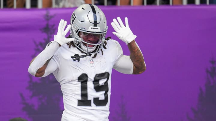 Aug 10, 2024; Minneapolis, Minnesota, USA; Las Vegas Raiders wide receiver DJ Turner (19) celebrates his touchdown against the Minnesota Vikings in the second quarter at U.S. Bank Stadium. Mandatory Credit: Brad Rempel-USA TODAY Sports