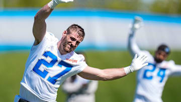 Detroit Lions safety Ian Kennelly (27) practices during rookie mini camp at Meijer Performance Center in Allen Park on Friday, May 9, 2025.