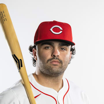 Feb 18, 2025; Goodyear, AZ, USA; Cincinnati Reds infielder Sal Stewart poses for a portrait during Media Day at the Cincinnati Reds Development Complex. Mandatory Credit: Mark J. Rebilas-Imagn Images