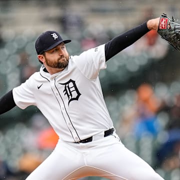 Detroit Tigers pitcher Casey Mize (12) throws against New York Yankees during the second inning at Comerica Park in Detroit on Monday, April 7, 2025.