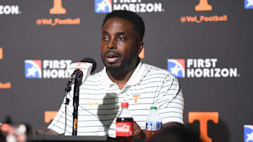 Tennessee defensive coordinator Tim Banks speaks at a press conference during Tennessee Football Media Day, Tuesday, Aug. 1, 2023.