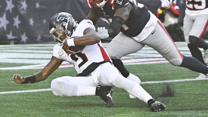 Atlanta Falcons quarterback Michael Penix Jr. is stopped short of the goal line by the New England Patriots during the second quarter at Gillette Stadium. 