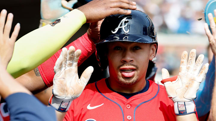 Sep 20, 2025; Detroit, Michigan, USA;  Atlanta Braves catcher Drake Baldwin (30) receives congratulations from teammates  after he hits a two run home run in the third inning against the Detroit Tigers at Comerica Park. Mandatory Credit: Rick Osentoski-Imagn Images