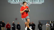 Ohio State Buckeyes quarterback Will Howard throws during the pro day for NFL scouts at the Woody Hayes Athletic Cente on March 26, 2025.