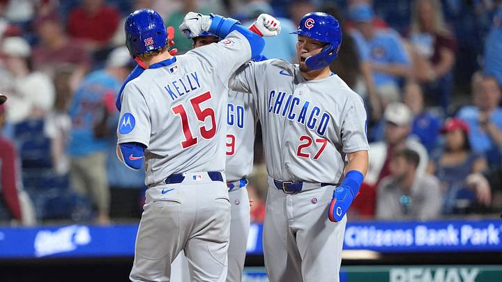 Apr 14, 2026; Philadelphia, Pennsylvania, USA; Chicago Cubs catcher Carson Kelly (15) reacts with outfielder Seiya Suzuki (27), and catcher Miguel Amaya (9) after hitting a three-run home run against the Philadelphia Phillies in the ninth inning at Citizens Bank Park. Mandatory Credit: Kyle Ross-Imagn Images