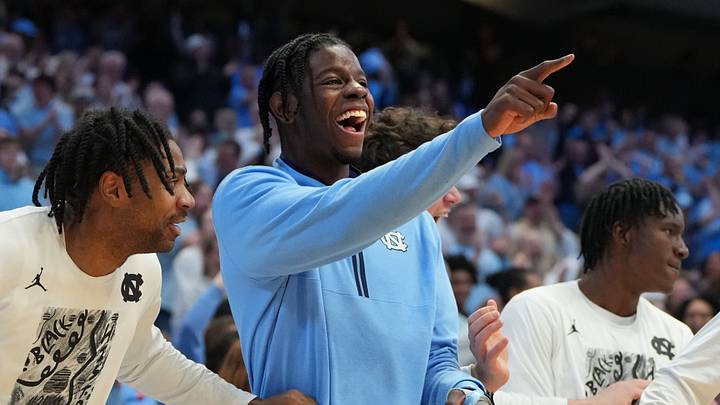 Feb 23, 2026; Chapel Hill, North Carolina, USA; North Carolina Tar Heels forward Caleb Wilson (8) and the bench react in the second half at Dean E. Smith Center. Mandatory Credit: Bob Donnan-Imagn Images