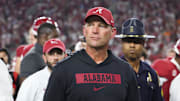 Oct 18, 2025; Tuscaloosa, Alabama, USA; Alabama Crimson Tide head coach Kalen DeBoer looks on after the game against the Tennessee Volunteers at Saban Field at Bryant-Denny Stadium. 
