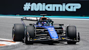 May 3, 2024; Miami Gardens, Florida, USA; Williams driver Alexander Albon (23) races into turn one during F1 practice at Miami International Autodrome. Mandatory Credit: John David Mercer-Imagn Images