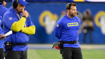 Nov 24, 2024; Inglewood, California, USA;  Los Angeles Rams head coach Sean McVay watches from the sidelines during the second half against the Philadelphia Eagles at SoFi Stadium.