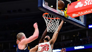 Dec 12, 2019; Denver, CO, USA; Portland Trail Blazers forward Skal Labissiere (17) attempts in the second half against the Denver Nuggets at the Pepsi Center. Mandatory Credit: Ron Chenoy-Imagn Images