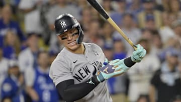 Oct 26, 2024; Los Angeles, California, USA; New York Yankees outfielder Aaron Judge (99) reacts after striking out in the ninth inning during game two of the 2024 MLB World Series at Dodger Stadium. 