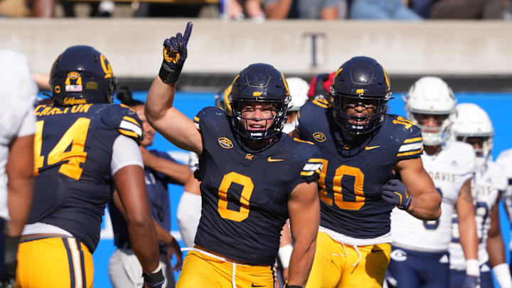 Cal linebacker Cade Uluave (0) celebrates