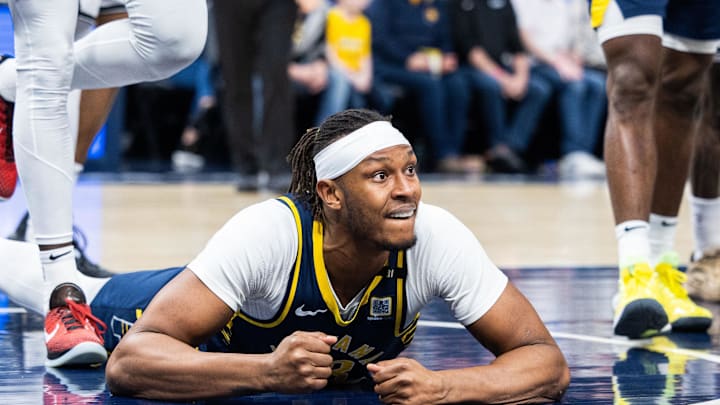 Apr 1, 2024; Indianapolis, Indiana, USA; Indiana Pacers center Myles Turner (33) hits the floor in