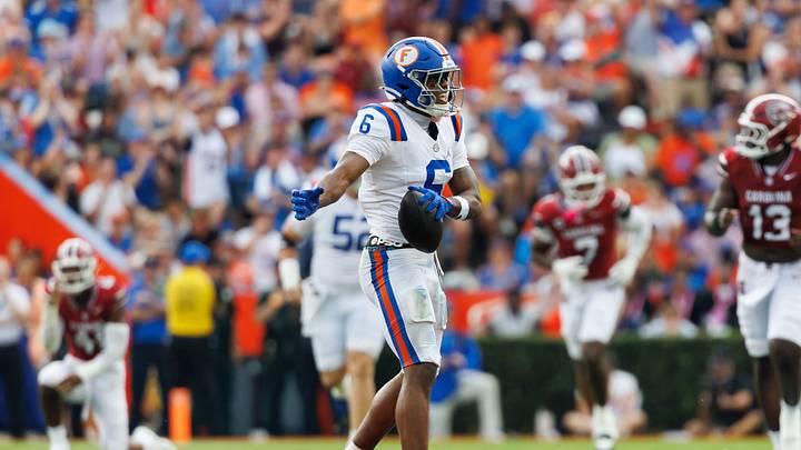 Oct 10, 2026; Gainesville, Florida, USA;  Florida Gators wide receiver Dallas Wilson (6) gestures after making a catch against the South Carolina Gamecocks during the first half at Ben Hill Griffin Stadium.  Mandatory Credit: Matt Pendleton-Imagn Images
