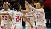 Rutgers Destiny Adams congratulates a team mate on a good shot. Rutgers Women   s Basketball falls to Penn State in Piscataway NJ. on January 14, 2024.