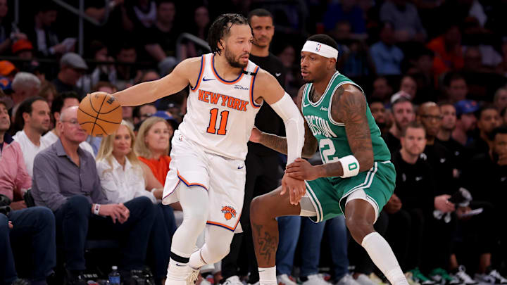 May 16, 2025; New York, New York, USA; New York Knicks guard Jalen Brunson (11) controls the ball against Boston Celtics forward Torrey Craig (12) during the fourth quarter of game six in the second round of the 2025 NBA Playoffs at Madison Square Garden. Mandatory Credit: Brad Penner-Imagn Images May 16, 2025; New York, New York, USA; New York Knicks guard Jalen Brunson (11) controls the ball against Boston Celtics forward Torrey Craig (12) during the fourth quarter of game six in the second round of the 2025 NBA Playoffs at Madison Square Garden. Mandatory Credit: Brad Penner-Imagn Images