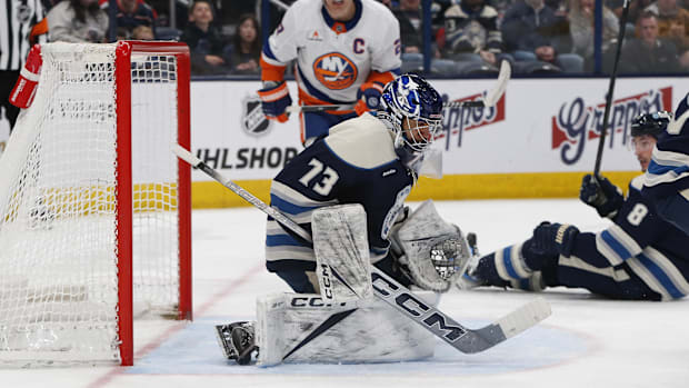 Hockey goalie stops shot attemp