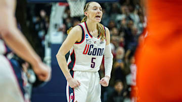 UConn Huskies guard Paige Bueckers (5) reacts after her basket against the Syracuse Orange. 